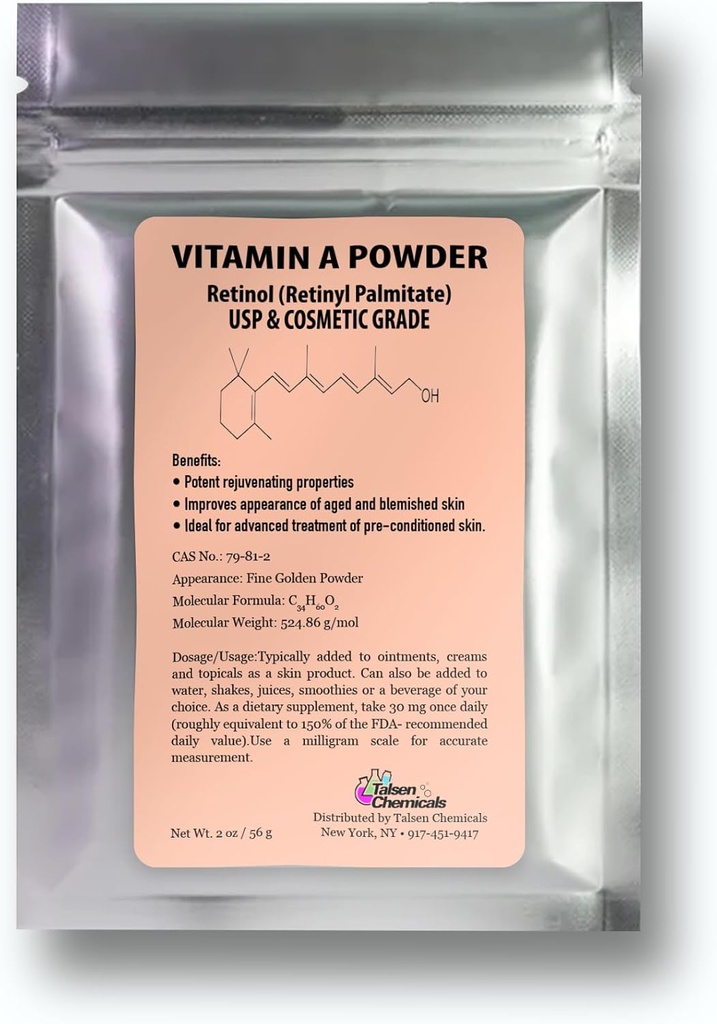 Vitamina A Powder Retinyl Palmitate, Puro Retinol Powdered Vitamina Agua Soluble Vitamina A USP " Grado cosmético (2 oz. / 56 gramos)