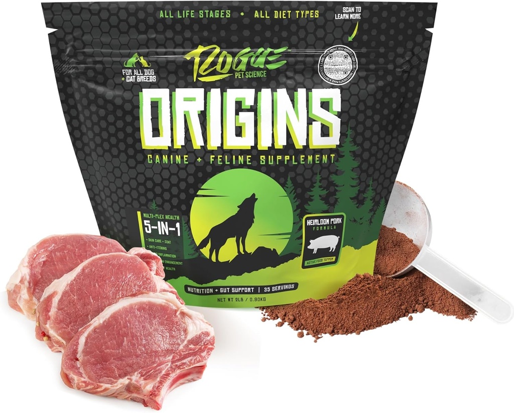 ROGUE PET SCIENCE Origins 5-in-1 Dog Supplement - Powdered Food Topper w/Natural Heirloom Pork Protein- Supports Healthy Digestion, Skin, and Coat - Helps Reduce Itching & Joint Inflammation (2 lbs)