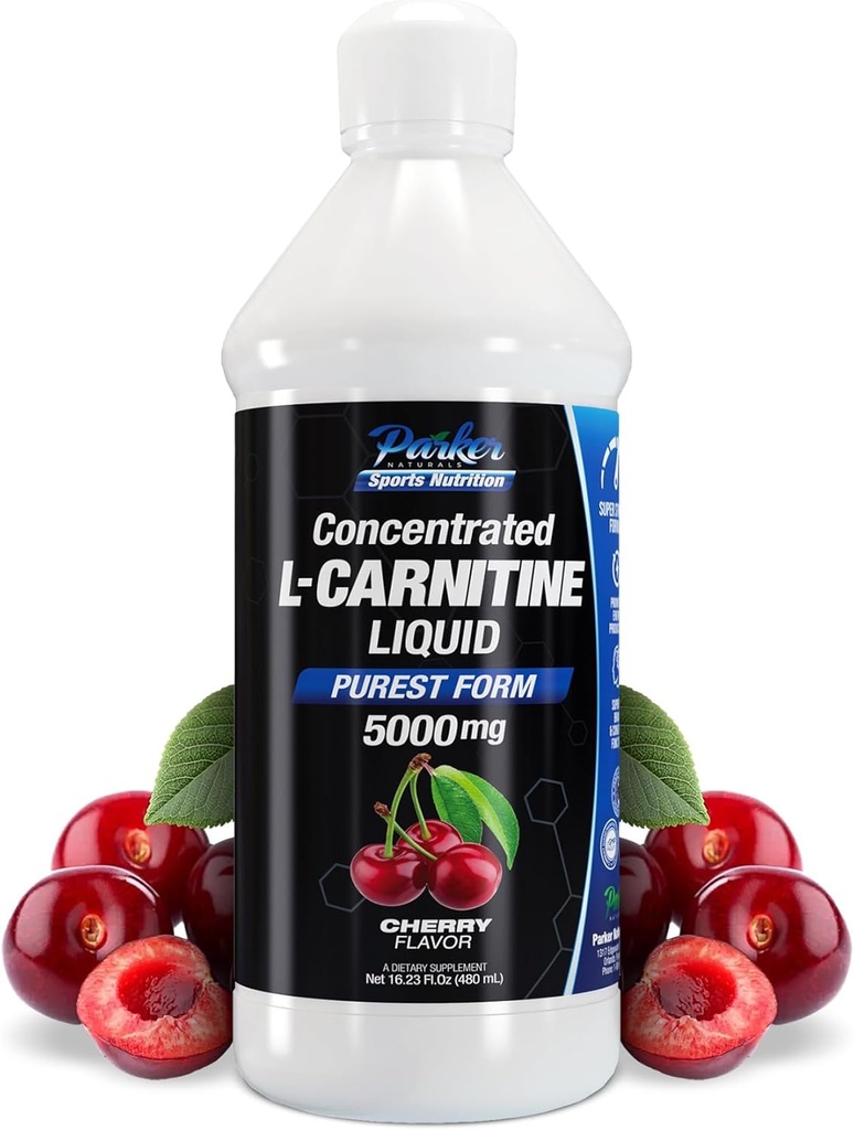Parker Naturals Concentrado L-Carnitine Liquid, 5000mg Todo Natural Cherry Flavored Suplemento, L-Carnitina L líquido con Vitamina V5, 16.23 Fl. Oz
