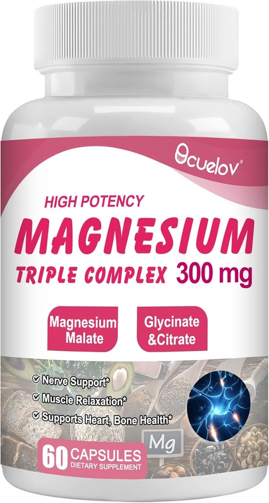 Suplemento Complejo de Magnesio Triple, Magnesio de 300 mg (Glycinate, Malate " Citrate) Complejo para los musculos, Nerves, Bone & Energy TEN Vegan, Non-GMO 60 cápsulas