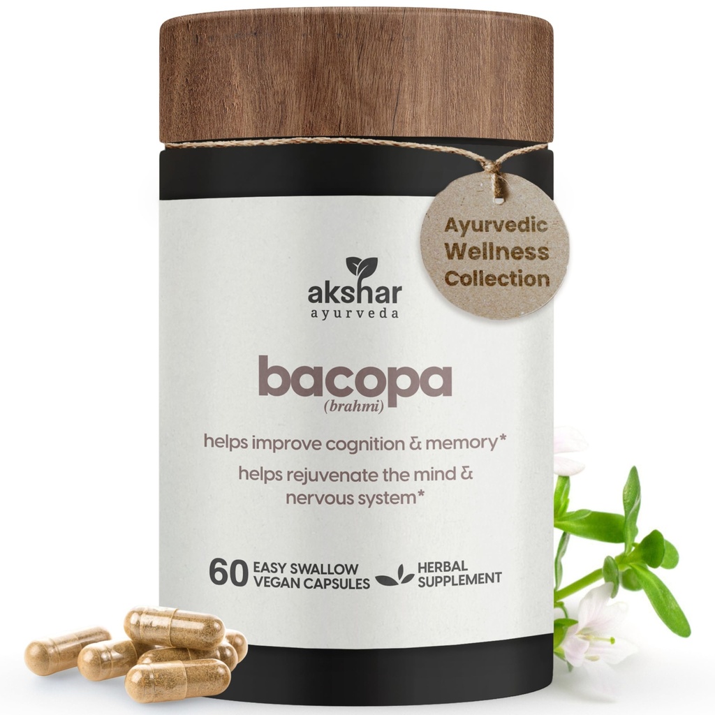 AKSHAR Ayurveda - Bacopa 500mg Brahmi Supplement, Rejuvenate System, Bacopa Pills to Support Cognitive Function for Adults, Vegan Cruelty Free Bacopa Monnieri (60 Count)