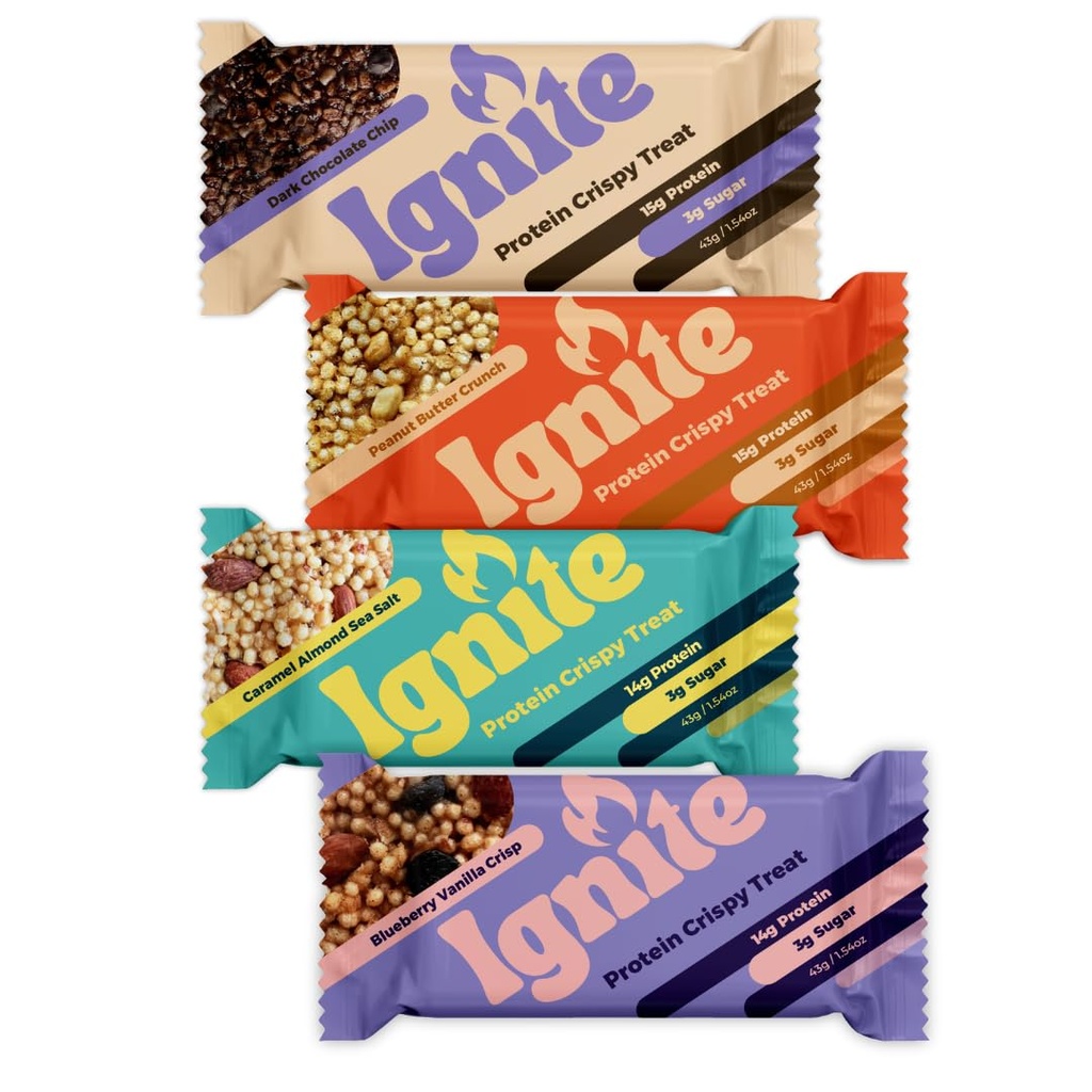 Ignite Bars High Protein Snacks, Low Sugar Protein Snacks, Healthy Snacks for Adults &amp; Kids, Fiber Bar Crispy Treats – Gluten Free, Paleo & Individually Wrapped Power Boost Protein Bares Vaiety Pack