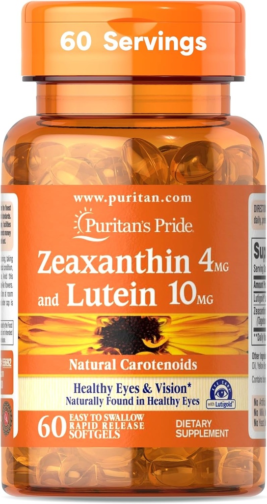 Pride de Puritan Zeaxanthin 4mg con LutigoldTM Lutein 10mg Carotenoides, Suplemento dietético para ojos saludables y visión, 60 Easy-to-Swallow Rapid Release Softgels