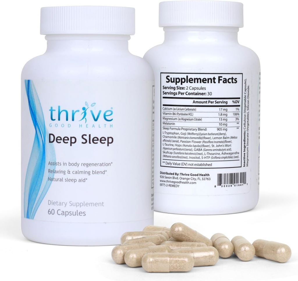 Thrive Good Deep Sleep - Suplemento de sueño con carbonato de calcio, vitamina B6, Magnesio - Sleep Aid Formula con Melatonina, L-Tryptophan, 5-HTP, Inositol, Extractos de plantas naturales - 60 cápsulas vegetales