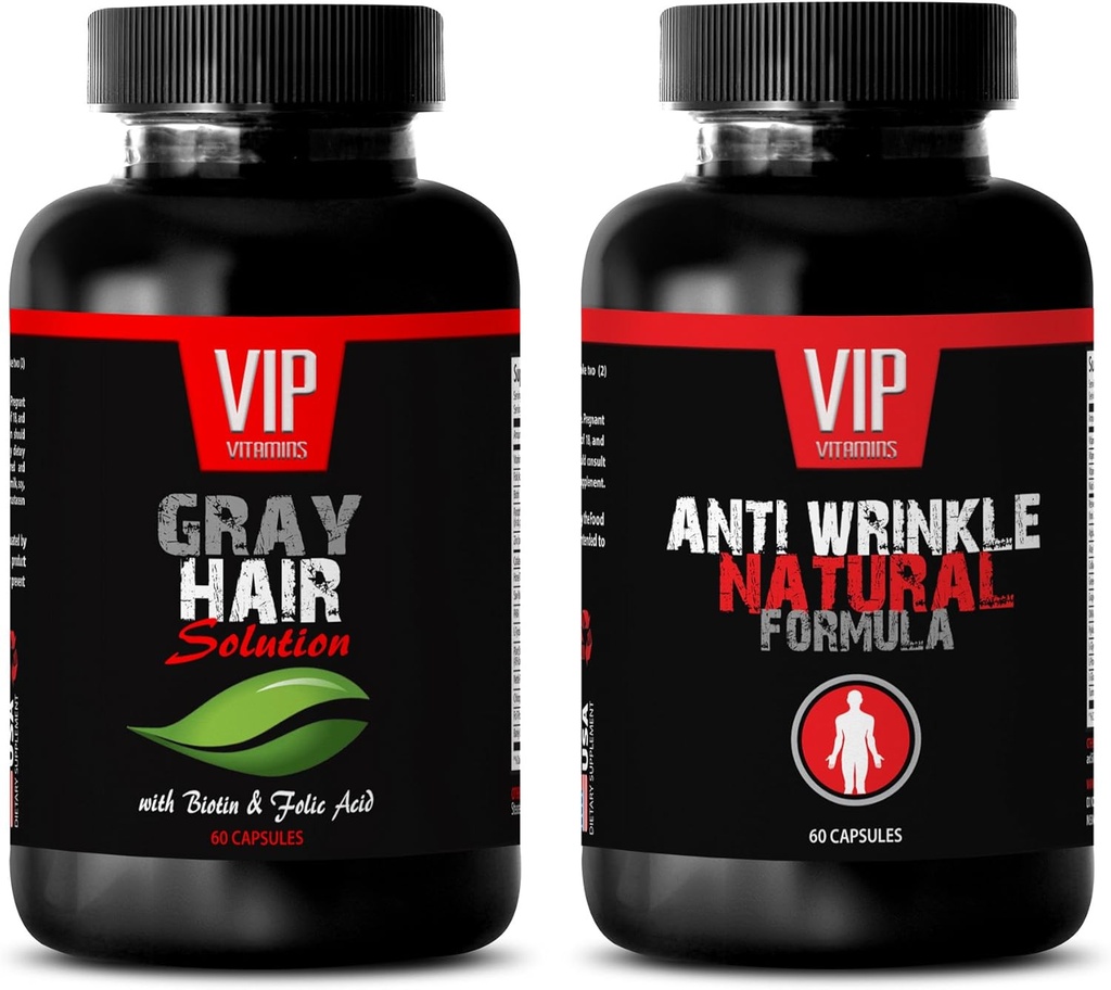 Anti-Aging Essential - Gray Hair Solution – Anti Wrinkle Formula - Saw Palmetto Natural - 2 Botellas (60 cápsulas + 60 cápsulas)
