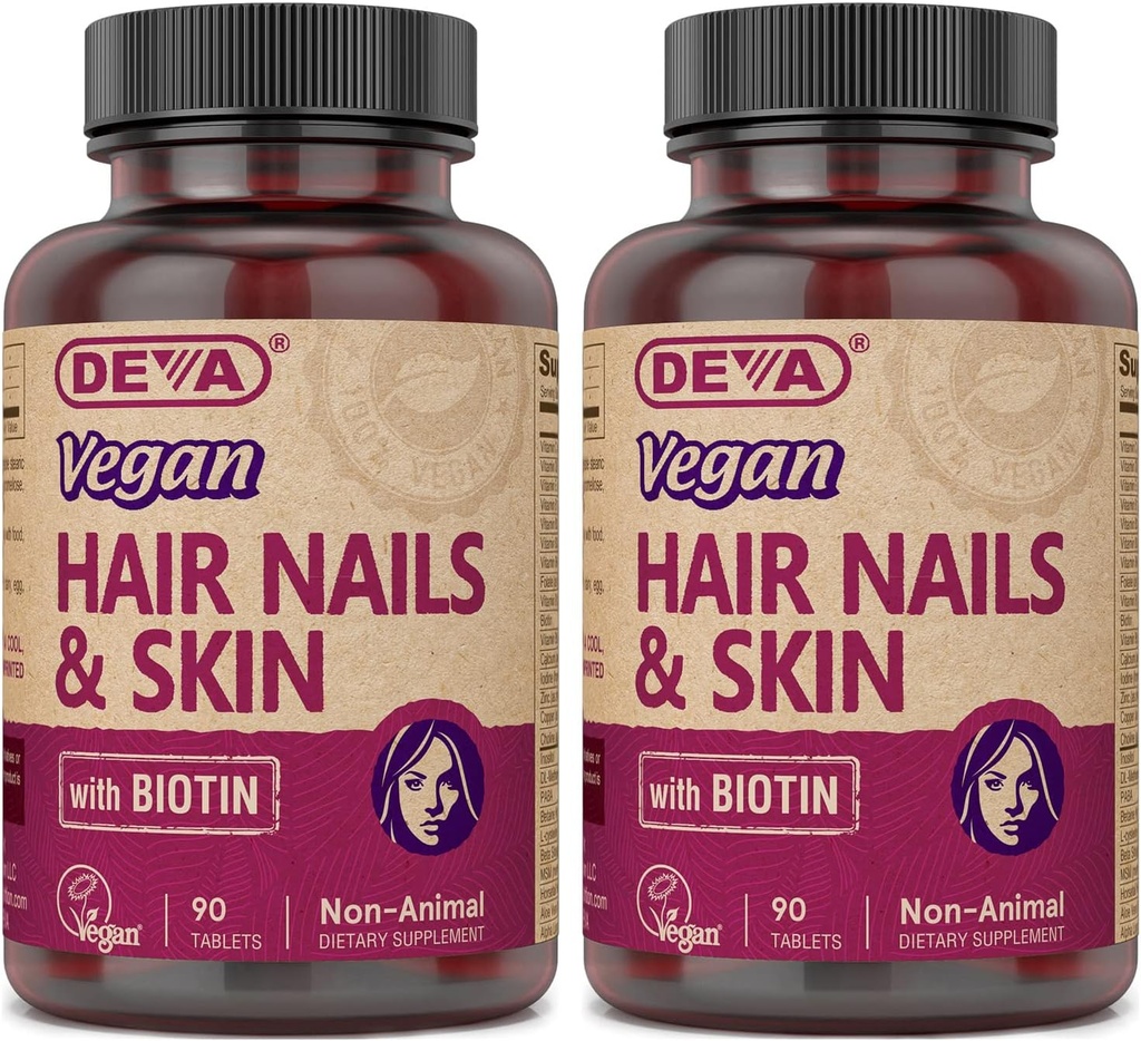 DEVA Vitaminas Veganas Hair, Nails & Skin Suplemento con 500 mcg de Biotin Por Tablet 90 Tablets (Pack of 2)