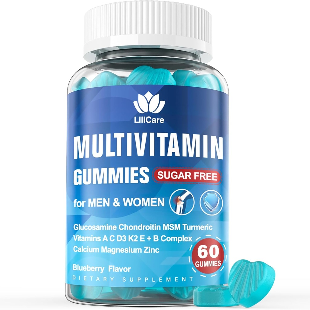 Hombres &amp; Mujer Azúcar Multivitamina sin metilada 50 Plus con Glucosamine Chondroitin MSM, Iron Gummies gratis para Senior con Multi Vitamin D3 K2 &amp; A C E, B Complejo - 60 Conde (Pack of 1)