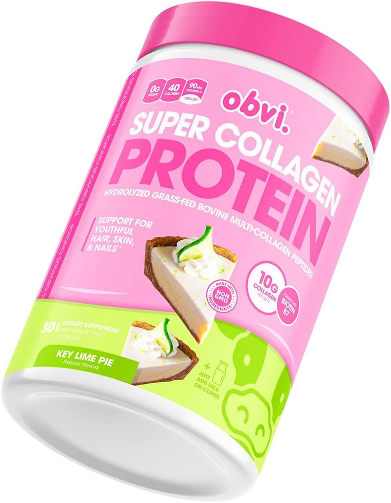 Peptides de colágeno Obvi Protein Powder ← Soporta Gut Health, Healthy Hair, Skin, Nails with Biotin & Vitamins ← Hidrolyzed Grass-Fed Bovine  No Sugar, Gluten-Free ← 30 Servimientos, Key Lime