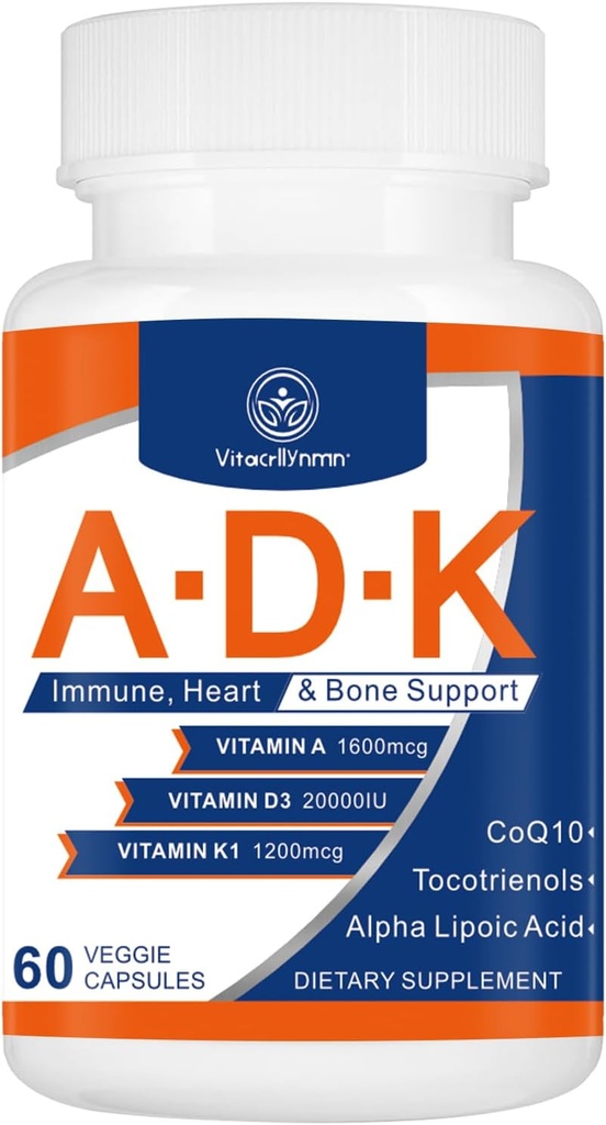Suplemento de vitaminas ADK 20000 UI - Vitaminas de alta potencia A, D3 y K1 para el corazón, la salud ósea y el apoyo inmunológico Vitamina ADK 60 cápsulas