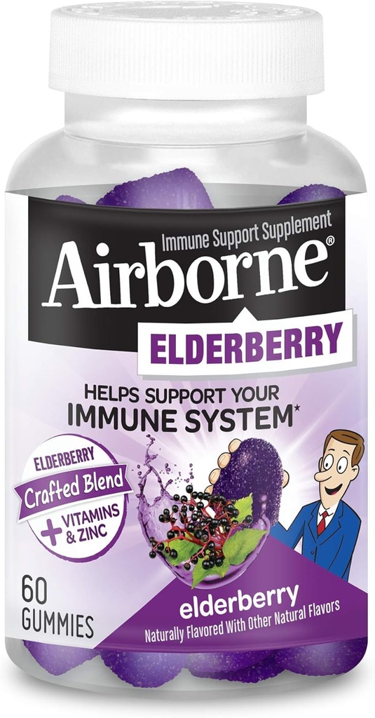 Airborne Elderberry + Zinc &amp; Vitamina C Gummies for Adults, Immune Support Vitamina D &amp; Zinc Gummies with Powerful Antioxidant Vitamins C D &amp; E - 60 Gummies, Elderberry Flavor