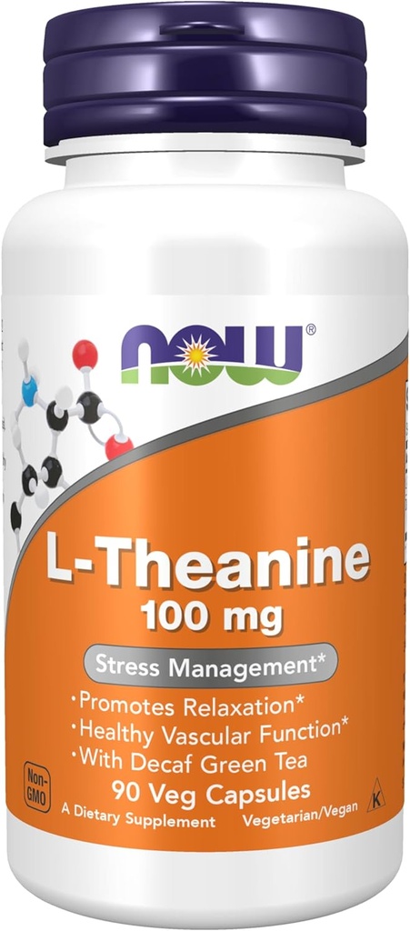 AHORA Suplementos de alimentos, L-Theanine 100 mg con té verde Decaf, administración de estrés*, 90 cápsulas de verduras