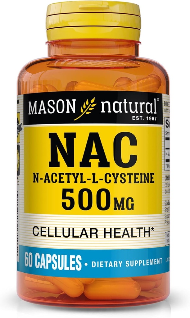 MASON NATURAL NAC N,Acetil,L,Cysteine 500 mg, 2 Month Supply, Supports Normal Cellular Health, Immune System Booster for General Wellness, 60 cápsulas