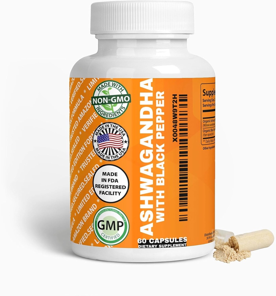 Genérico orgánico Ashwagandha " Black Pepper Capsules, 1300mg " 10mg, 60 Cuenta, Inmunidad superior " Mood Naturalmente