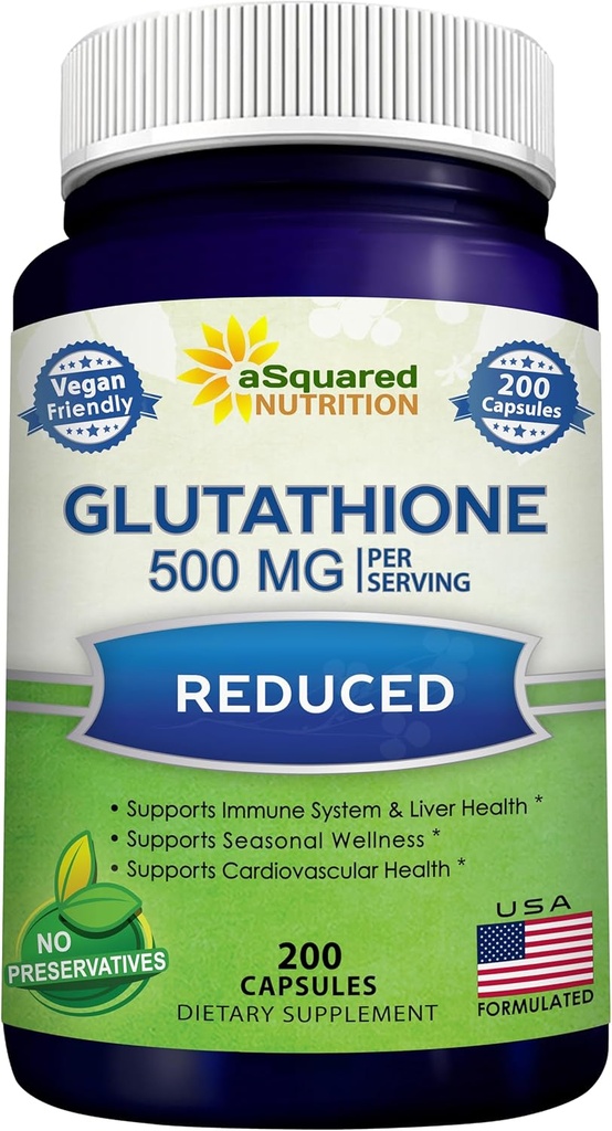 aSquared Nutrition Reduced Glutathione 500mg Por Serving Supplement -200 Capsules -L-Glutathione Antioxidant to Support Liver Health " Detox - Max Strength Powder Pills to Help Immune " Brain Function
