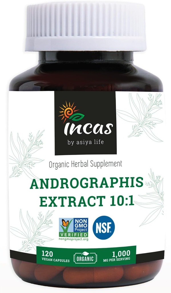 Incas Andrographis Capsules Max Andrographides - 1000mg Tamaño de servicio (120 cápsulas) - Clínicamente estudiado para el sistema inmunológico Salud " No GMO Verificado por NSF