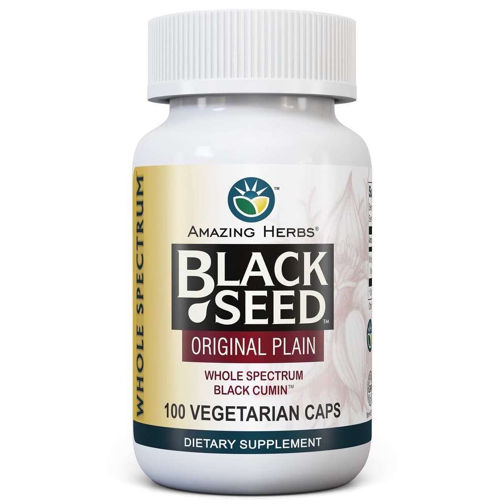 Amazing Herbs Whole Spectrum Black Seed Original Plain, Vegetarian Capsules - Gluten Free, Non GMO, Cold Pressed Nigella Sativa Aids in Digestive Health - 100 Count, 475mg