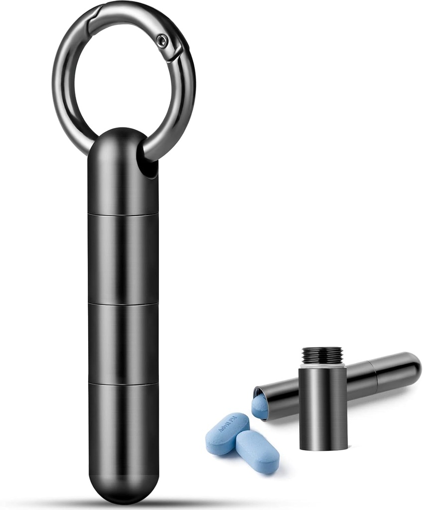TISUR Keychain Pill Holder, Titanium Pill Case Small Pill Organizer Waterproof Pill Box, EDC Portable Pill Container Metal Tube for Travel Purse Outdoor