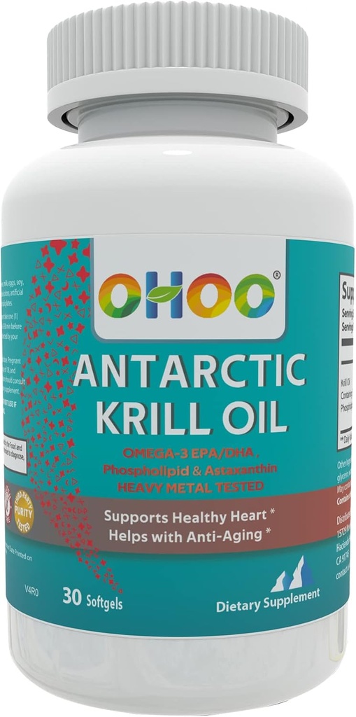 OHOO Aceite de Krill Antártico 500mg Omega-3 EPA & DHA Suplemento, Phopholipids, Astaxanthin Antioxidante, apoya el corazón sano y suplemento de envejecimiento sin sabor a pescado, 30 Softgels