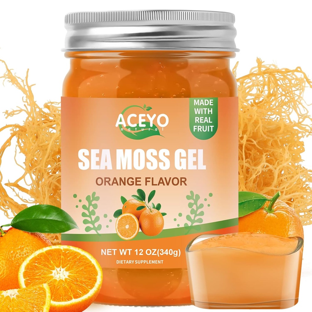 ACEYO (12 OZ) Sea Moss Gel Organic Raw Vegan Orange Flavored Irish Seamoss 102 Vitaminas y Minerales Wild Harvested Non-GMO Immune Defense Booster Thyroid Digestive Support