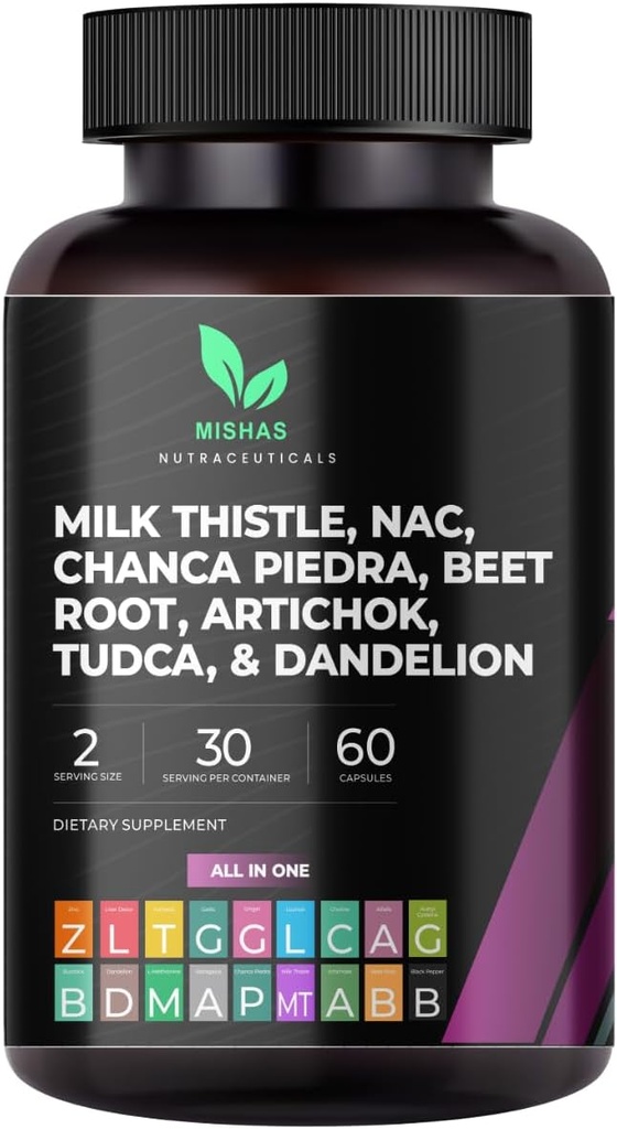 Mishas Nutraceuticals Milk Thistle Dandelion Root, NAC y TUDCA Supplement – Supports Liver Health, Liver Cleanse Detox, Kidney and Respiratory Health & Digestion System – 60 Vegan Capsules