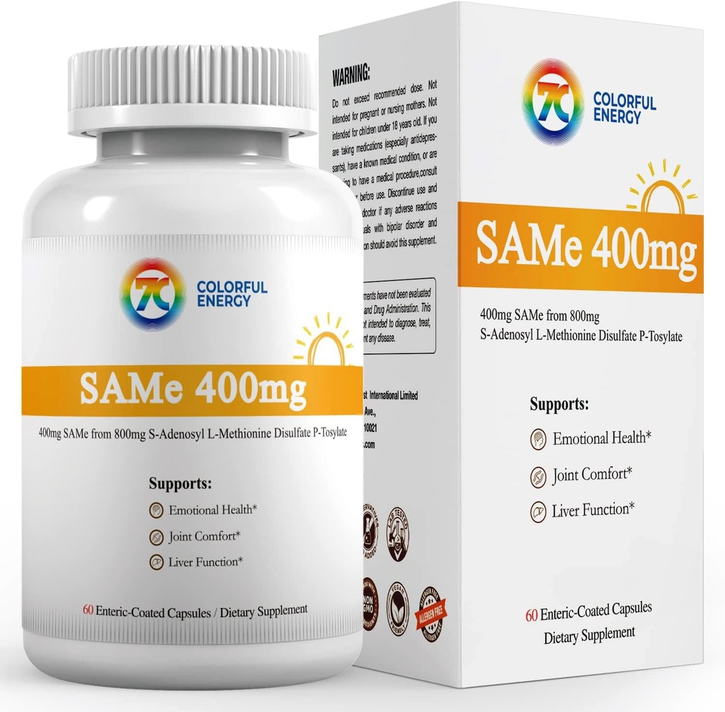 7c Sam e 400mg Suplemento (S-Adenosylmethionine), Vitamina B6, B12 Añadido a Enhance Sam-e Effectiveness, Mood and Joint Comfort, Vegan, Non-GMO, Gluten-Free, 60 cápsulas de cobre Enteric