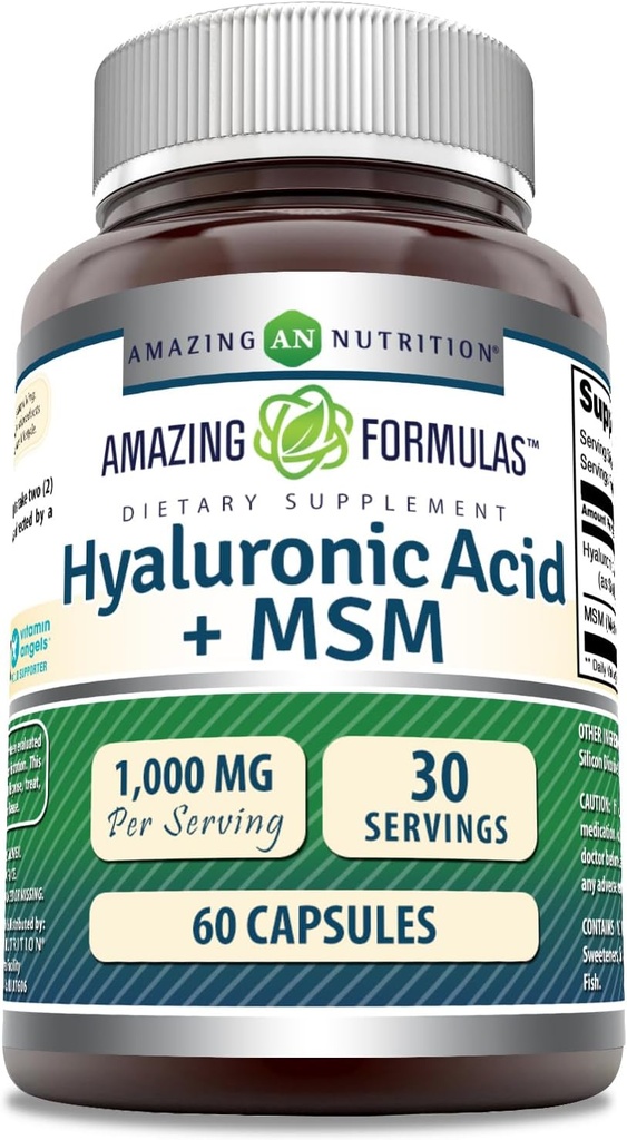 Amazing Formulas Hyaluronic Acid &amp; MSM Supplement TEN 1000 Mg Por Serving TENS TENS ANTE NO GMO ANTE Gluten Free TEN Made in USA (1 Pack, 60 Cuenta)