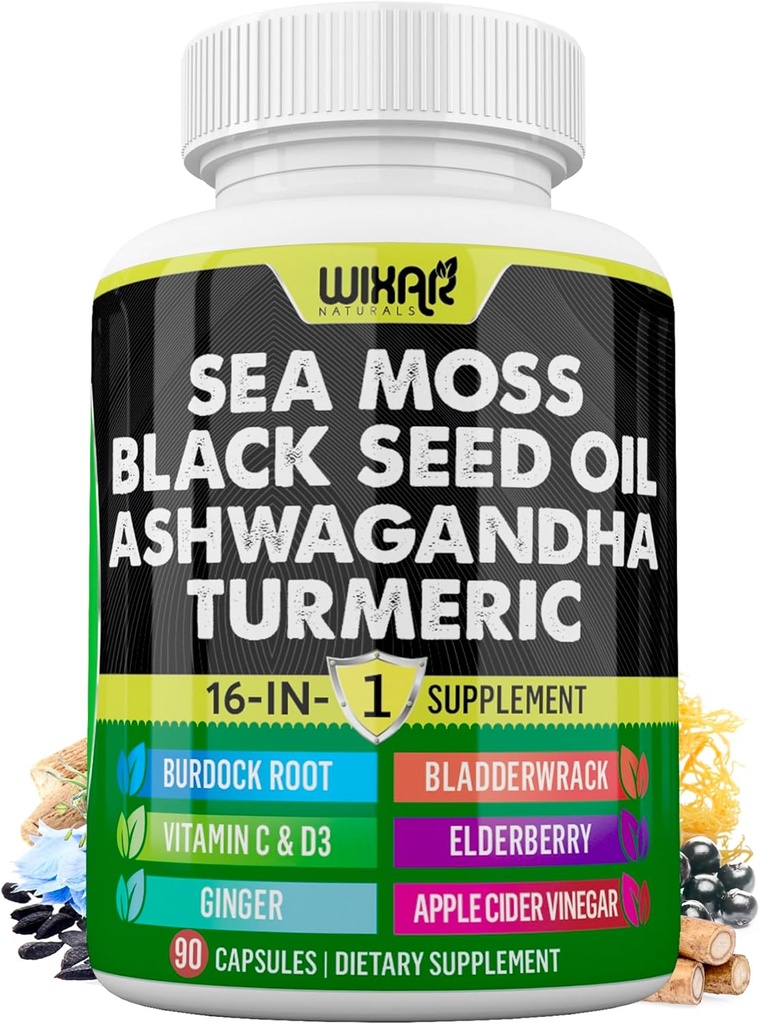 Wixar Sea Moss 3000mg Black Seed Oil 2000mg Ashwagandha 1000mg Turmeric 1000mg Bladderwrack 1000mg Burdock 1000mg &amp; Vitamin C &amp; D3 with Elderberry Dandelion Yellow Dock Chlorophyll ACV - 90 cápsulas