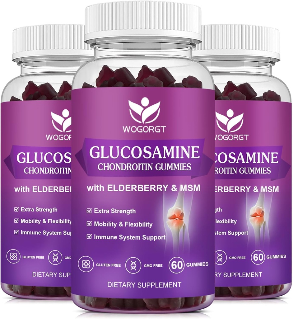 Glucosamine Chondroitin Gummies with MSM & Elderberry - 1500mg Glucosamine Chondroitin Gummies Suplemento de Flexibilidad y Apoyo Inmunitario para Mujeres, 60 Gummies (3 Pack)