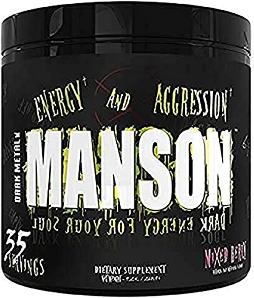 DARK METAL Inc Manson High Stim Pre Workout Powder, Energy Focus Strength, cargado con Beta Alanine L Carnitine Caffeine Infinergy, 35 Srvgs, Mixed Berry