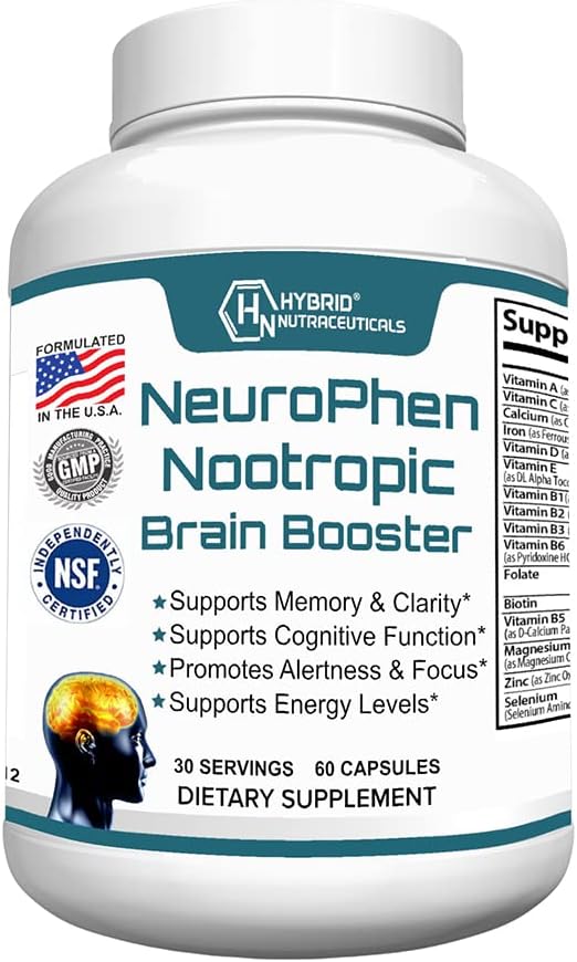 Nutracéuticos híbridos NeuroPhen Nootropics Brain Booster Suplemento - Focus Suplemento, Memory Supplement for Brain with Bacopa Extract, Phosphatidylserine, Huperzine A - 60 cápsulas