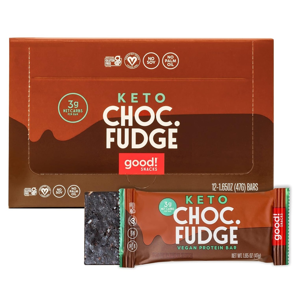 ¡Bien! Snacks Chocolate Fudge Keto Protein Bar, Vegan, Soy & Gluten Gratis, Reemplazo de Meal de Sugar bajo, 11g High Protein, Natural Healthy Snack, For Athletes & Active Lifestyles, 3g Net Carbs, 12 Bares