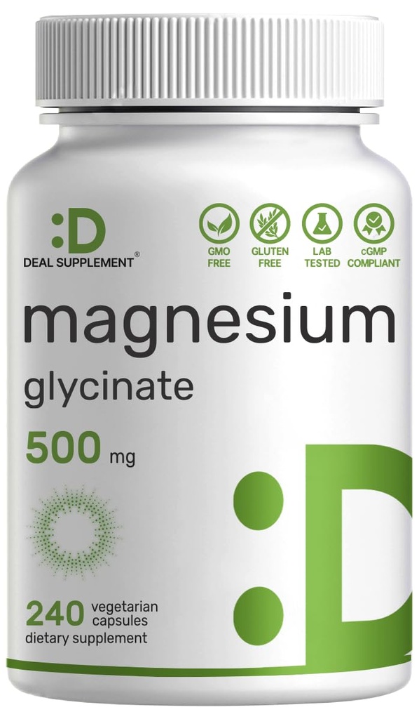 Magnesium Glycinate 500mg, 240 Veggie Capsules  durable 100% Chelated for Easy Absorption ← Suplemento Mineral esencial para el músculo, el sueño, & Heart Health*