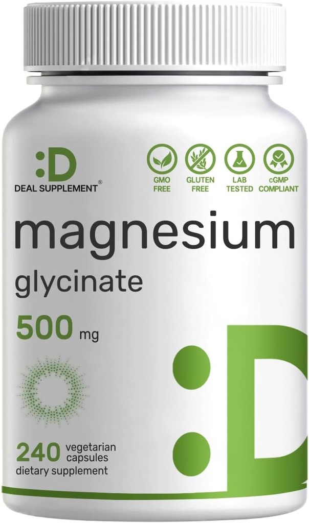 Magnesium Glycinate 500mg, 240 Veggie Capsules | 100% Chelated for Easy Absorption | Essential Mineral Supplement for Muscle, Sleep, & Heart Health*