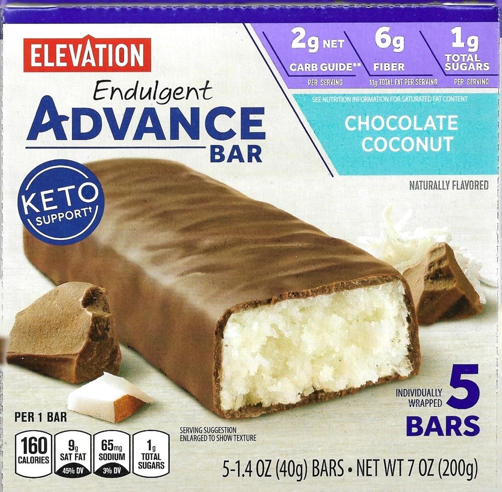 Millville Elevation Advance Chocolate Coconut Bars, Carb Conscious, 5g Protein, with Recipes. One box of 5, 1.4oz Individually Wrapped Bars. Bundle Includes 2 Recipes, 5 bars.