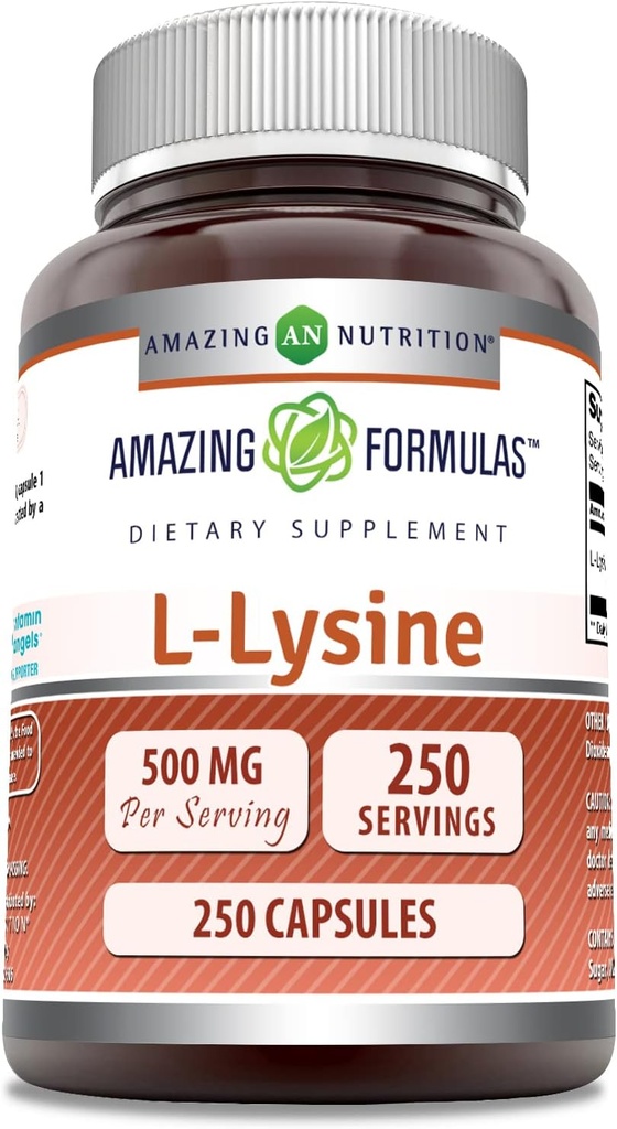 Fórmulas increíbles L-Lysine 500 Mg Amino Acid Suplemento TENIDO Capsules TENIDO NO GLUTEN-Free TEN Made in USA (1 Pack TEN 250 Conteo)