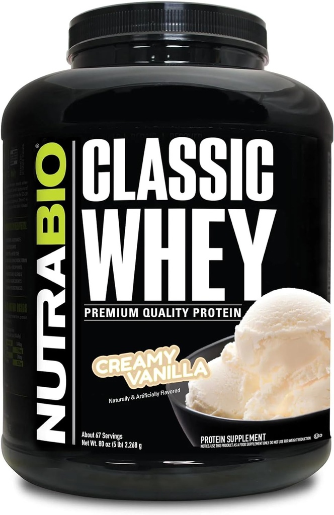 NutraBio Classic Whey Protein Powder- 25G de Protein Por Scoop - Full-Spectrum Amino Acid Profile - No Fillers, Colores Artificiales, Preservadores - Bajo Glycemic Index - Creamy Vanilla, 5 libras