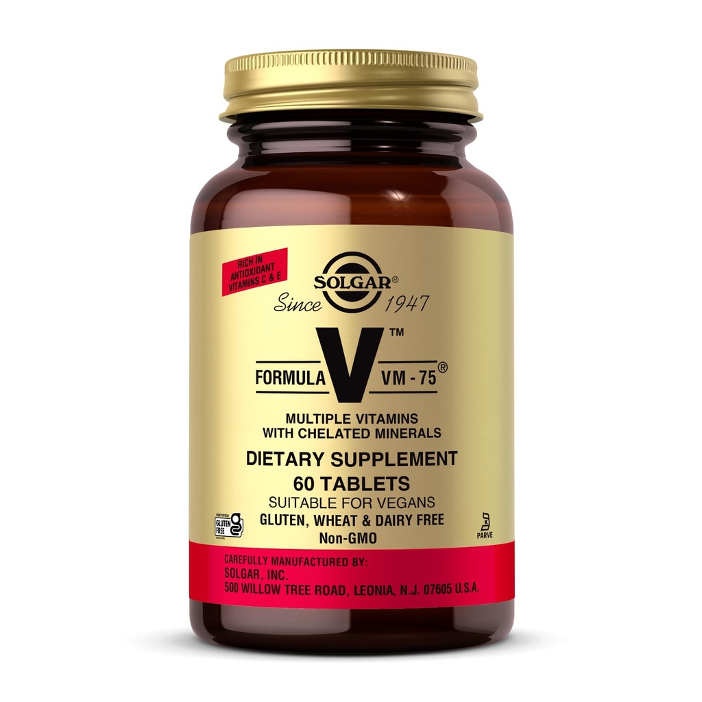 Solgar Formula VM-75, 60 Tablets - Multivitamin with Chelated Minerals - Vitamin A, B6, B12, C, D, E - Biotin, Magnesium, Calcium, Iron, Zinc - Vegan, Gluten Free, Dairy Free, Kosher - 60 Servings
