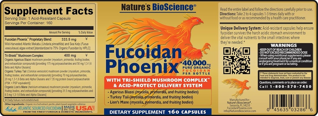 Nature's Bioscience ® FUCOIDAN Phoenix Advanced: 40,000 mg of Pure Organic Fucoidan + 64,000 mg of Pure Mushroom