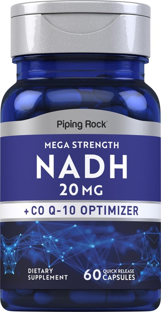 Piping Rock NADH Coq10 Suplemento TEN 20 mg TENIDO 60 cápsulas TENIDO Mega Strength Pills ← Non-GMO, Gluten Free Formula