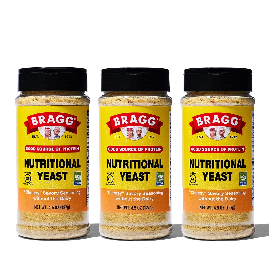 Levaduras Nutricionales de Bragg – Flakes de Queso Vegano, Gluten Libre – Buena Fuente de Proteína y Vitaminas – Sustituto de Queso Parmesano Nutritorio – No GMO Verificado, 4.5 onza, 3-Pack