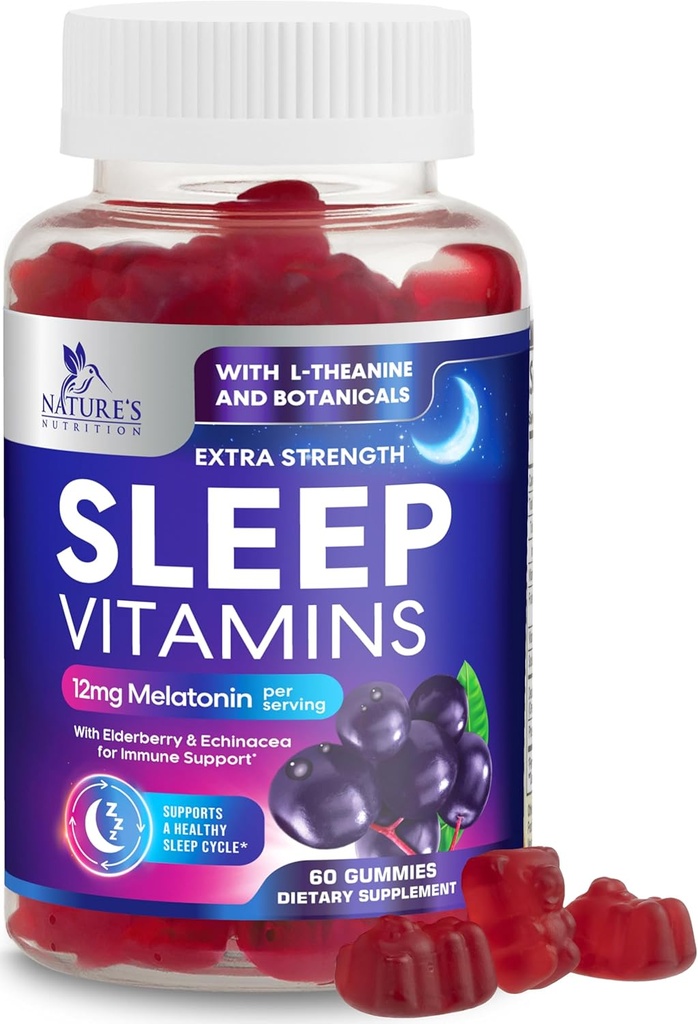 Gummies de sueño con melatonina 12 mg - Extra Strength Sleep Vitamin Gummy, Melatonina natural Gummy, Ocasional Sleep Support Suplemento para adultos, Vegan, No GMO, Gomitas para Dormir - 60 Gummies