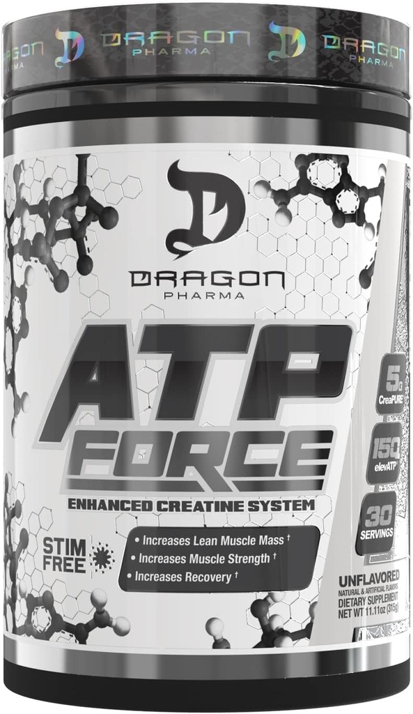 DRAGON PHARMA ATP Force Enhanced Creatine System, Stim-Free, Increase Lean Muscle Mass & Recovery, 5 Grams of CreaPure, Improves Blood Flow (30 Servings, Unflavored)