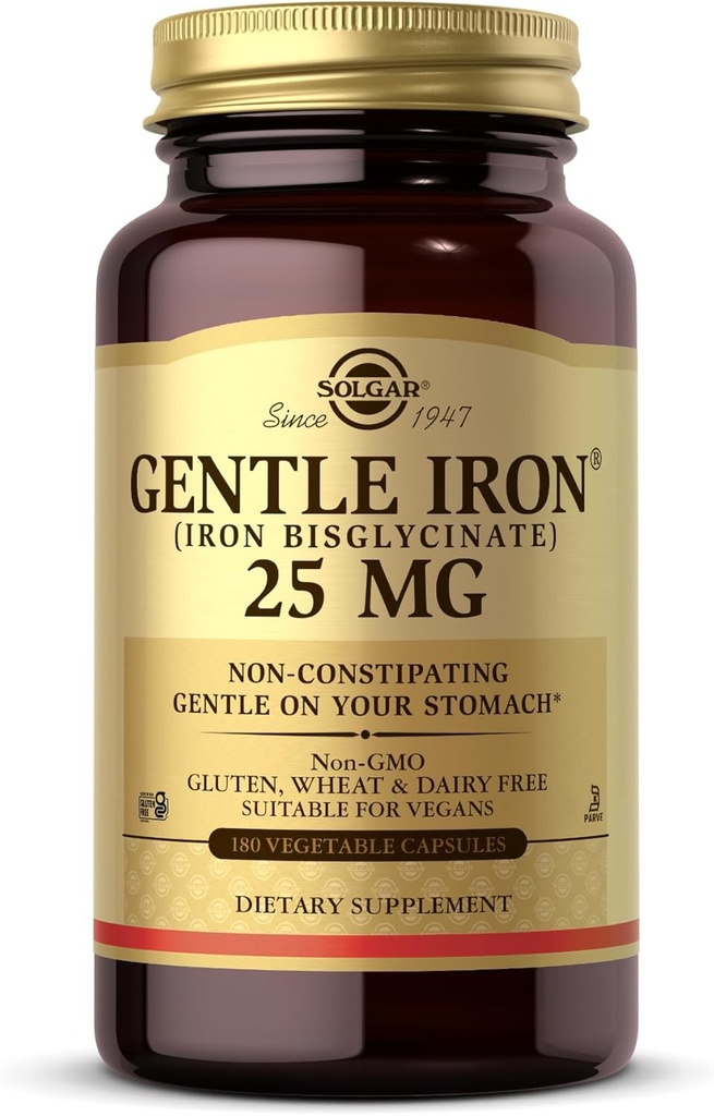Solgar Gentle Iron (Iron Bisglycinate) 25 mg - 180 Vegetable Capsules - No-Constipating, Gentle on Your Stomach - Non-GMO, Gluten Free - 180 Servings