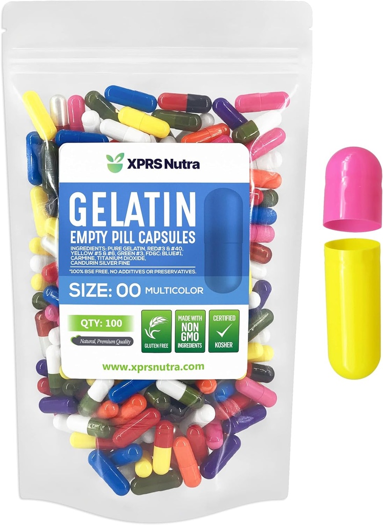 XPRS Nutra Size 00 Empty Capsules - 100 Conde Empty Gelatin Capsules - Pills DIY Capsule Filling - Fillable Pill Gel Caps for Do-It-youself Supplements (Multi Color)