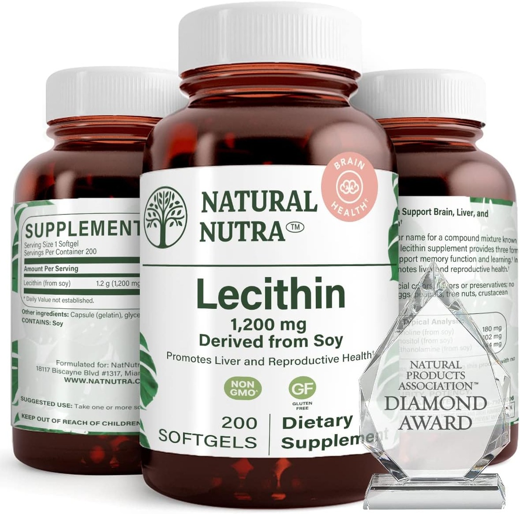 Natural Nutra Soy Lecithin 1200 mg Suplemento dietético - Función cerebral, Salud del hígado, Mejorar la salud procreante, Suplemento de botín - Sin gluten, libre de BPA, 200 Softgels en botellas de vidrio reciclable