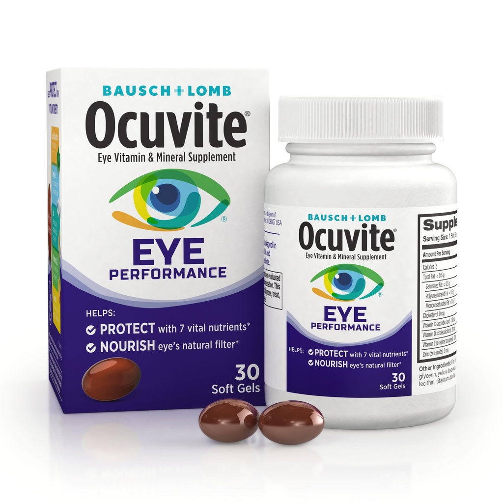 Ocuvite Eye Performance Vitamina &amp; Suplemento Mineral, Lutein y Zeaxanthin Suplementos, Vitaminas C, D, E, Zinc y Omega-3, Ayuda a proteger los ojos del sol y la luz azul, 30 Softgels