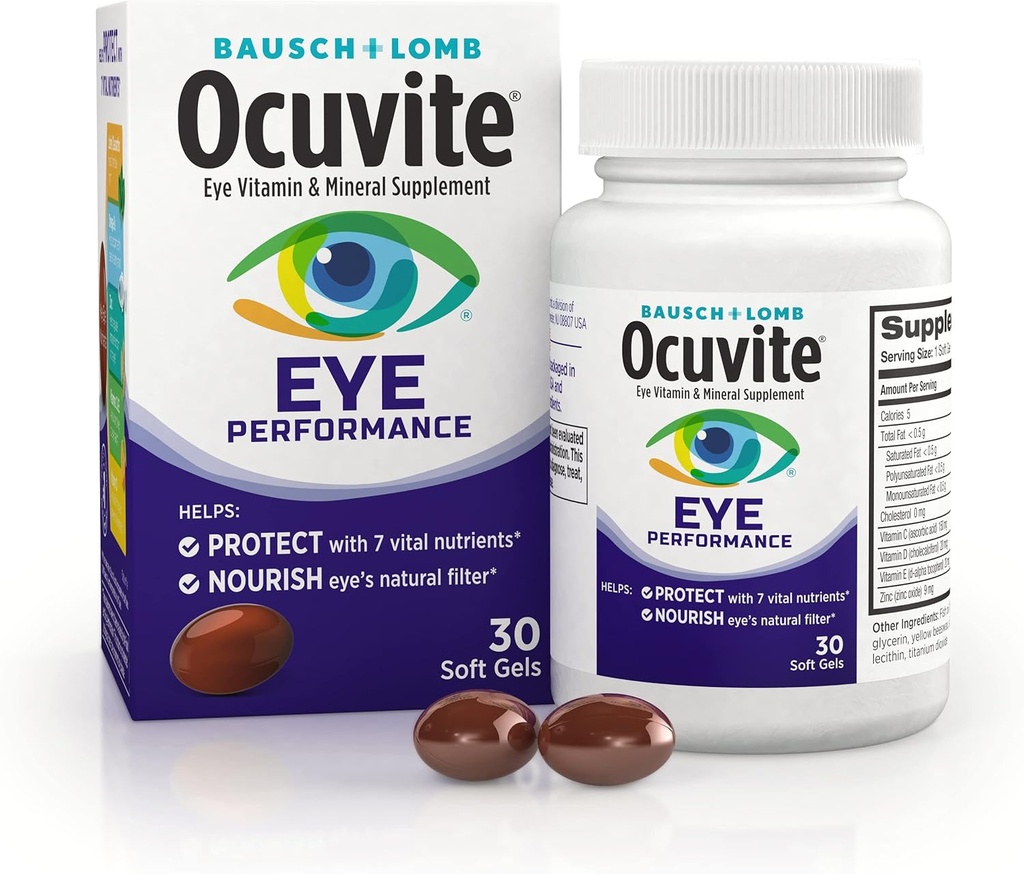 Ocuvite Eye Performance Vitamina &amp; Suplemento Mineral, Lutein y Zeaxanthin Suplementos, Vitaminas C, D, E, Zinc y Omega-3, Ayuda a proteger los ojos del sol y la luz azul, 30 Softgels
