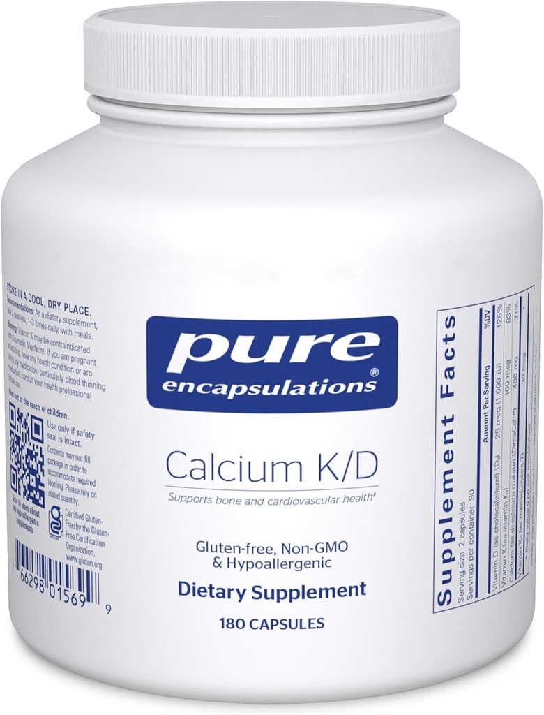 Pure Encapsulations Calcium K/D tención Suplemento para Bone Strength, Immune System, Colon y Cardiovascular Health*  180 Capsules