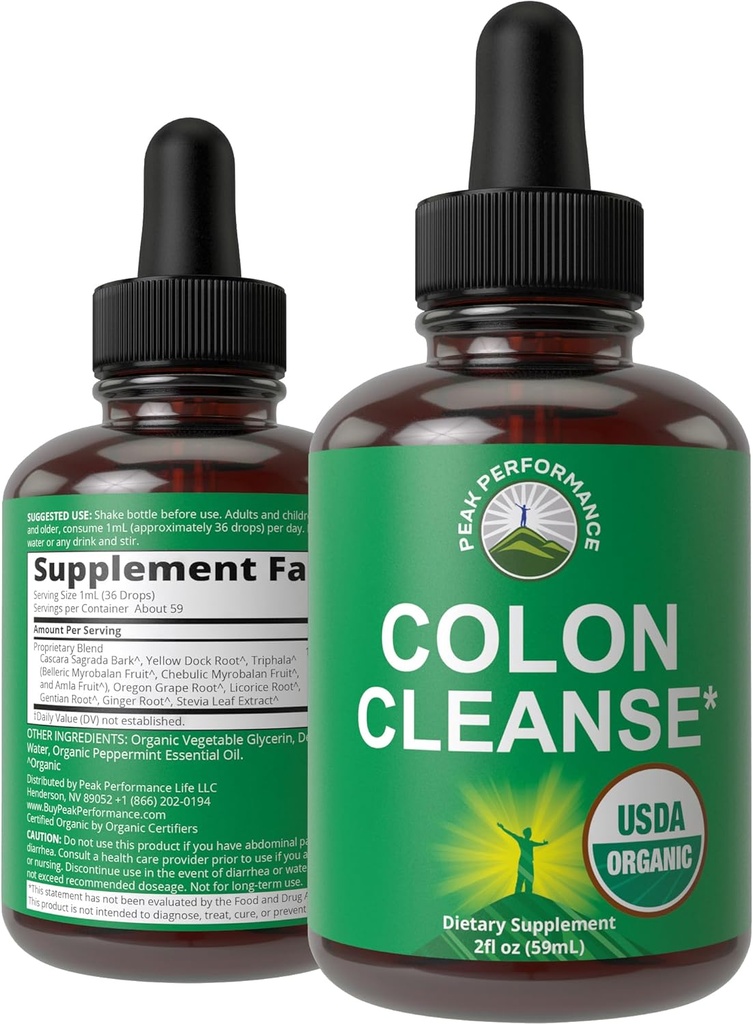 USDA Organic Colon Cleanse Liquid Drops. Vegan, Kosher Colon Cleanser &amp; Detox Suplemento con 10+ Super Gentle Organic Herbal Ingredients including Cascara Sagrada Bark and Yellow Dock Root