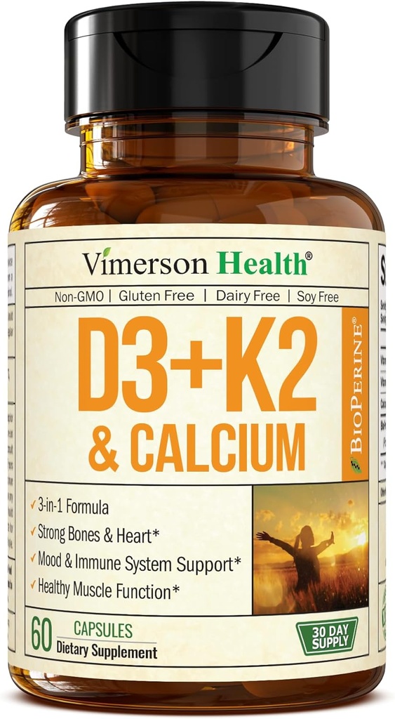 Vitamin D3 K2 5000 IU Supplement – Vitamin D + Vitamin K2 (as MK7) + Calcium – 3-in-1 Support for Immune, Bone & Heart Health – K2 D3 Vitamin Supplement with Black Pepper for Max Absorption – 60 Caps